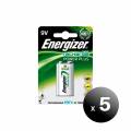 energizer pack de 5 unidades. power plus, pila recargable 9v, hr22, 175 mah